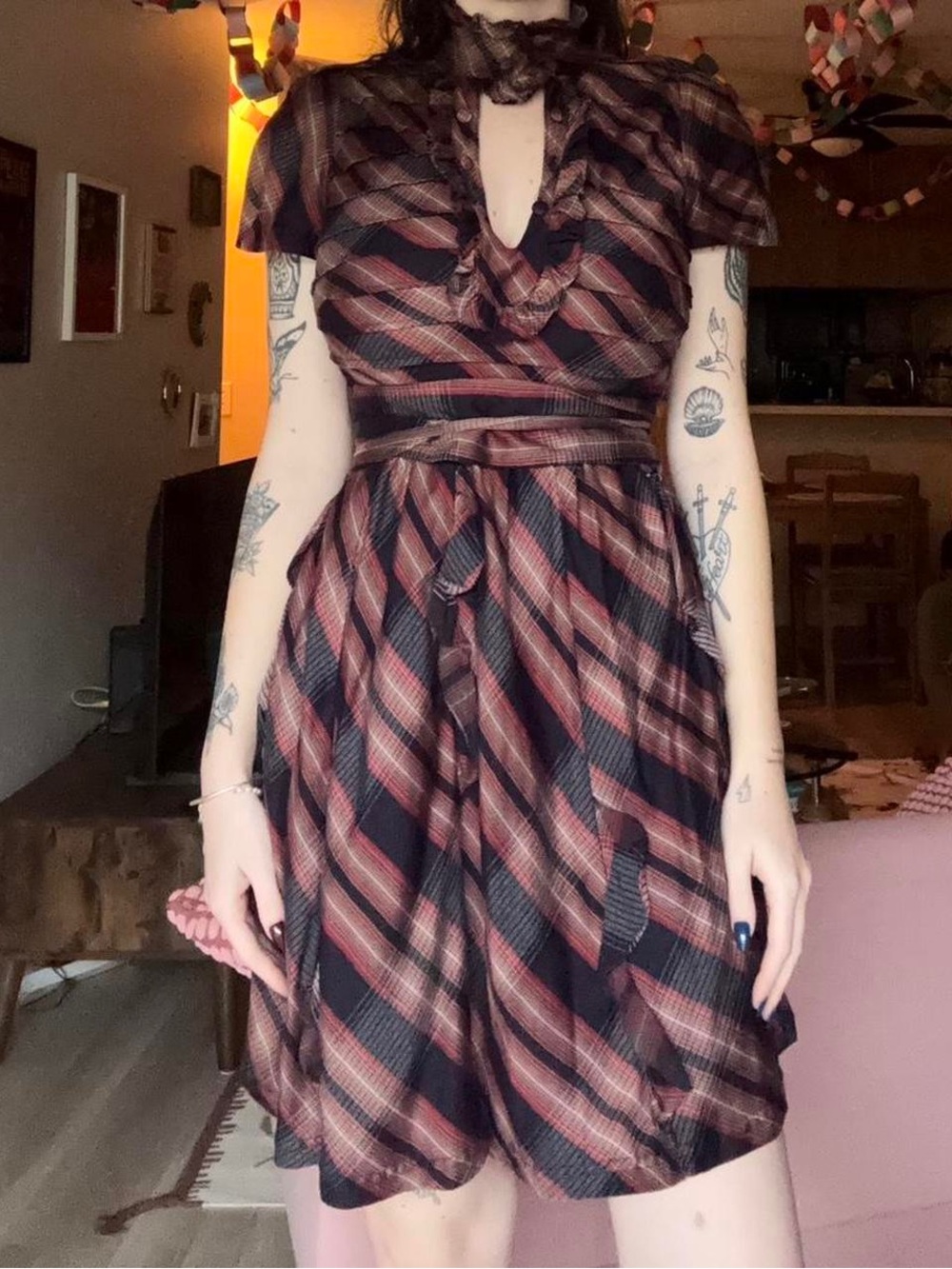 L.a.m.b. Vintage Women’s Black and Rust Plaid Short Dress with Ruffled Neckline